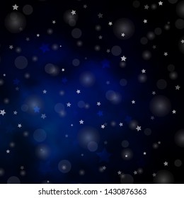 Dark BLUE vector background with circles, stars. Abstract illustration with colorful shapes of circles, stars. Template for business cards, websites.