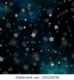Dark BLUE vector background with circles, stars. Colorful disks, stars on simple gradient background. Template for business cards, websites.