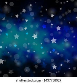 Dark BLUE vector background with circles, stars. Colorful illustration with gradient dots, stars. Texture for window blinds, curtains.