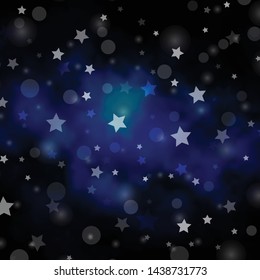 Dark BLUE vector background with circles, stars. Illustration with set of colorful abstract spheres, stars. Design for wallpaper, fabric makers.