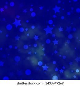 Dark BLUE vector background with circles, stars. Abstract illustration with colorful shapes of circles, stars. Pattern for trendy fabric, wallpapers.