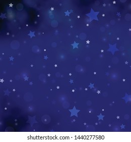 Dark BLUE vector background with circles, stars. Illustration with set of colorful abstract spheres, stars. Pattern for design of fabric, wallpapers.