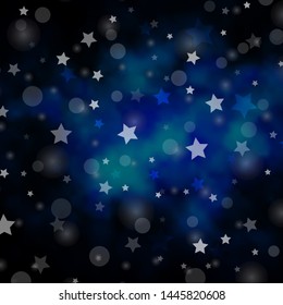 Dark BLUE vector background with circles, stars. Illustration with set of colorful abstract spheres, stars. Template for business cards, websites.