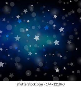 Dark BLUE vector background with circles, stars. Colorful illustration with gradient dots, stars. Template for business cards, websites.