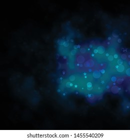 Dark BLUE vector background with circles, stars. Glitter abstract illustration with colorful drops, stars. Texture for window blinds, curtains.