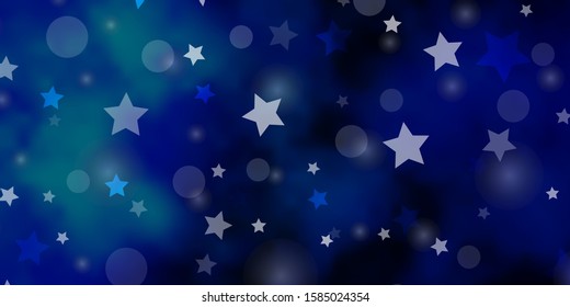Dark BLUE vector background with circles, stars. Abstract design in gradient style with bubbles, stars. Design for wallpaper, fabric makers.