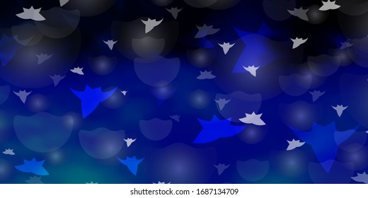 Dark BLUE vector background with circles, stars. Glitter abstract illustration with colorful drops, stars. Design for wallpaper, fabric makers.