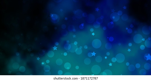 Dark BLUE vector background with circles, stars. Glitter abstract illustration with colorful drops, stars. Pattern for trendy fabric, wallpapers.