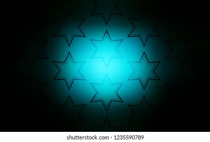 Dark BLUE vector background with colored stars. Stars on blurred abstract background with gradient. Pattern for new year ad, booklets.