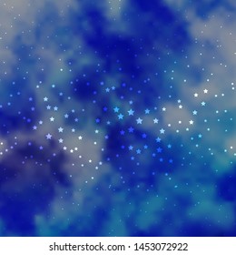 Dark BLUE vector background with colorful stars. Shining colorful illustration with small and big stars. Theme for cell phones.