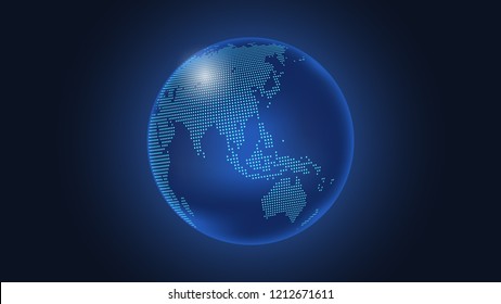 Dark Blue Vector Background. Digital Dotted Globe, Central Heating Views Over East Asia