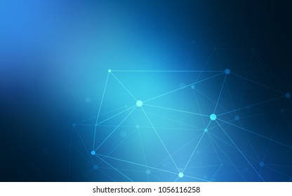 Dark BLUE vector background with dots and lines. Abstract illustration with colorful discs and triangles. Pattern can be used as texture of wallpapers.