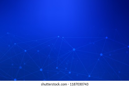Dark BLUE vector background with dots and lines. Abstract illustration with colorful discs and triangles. Pattern can be used for futuristic ad, booklets.