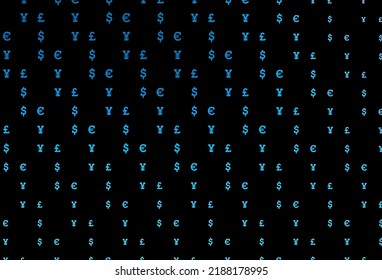 Dark blue vector background with EUR, USD, GBP, JPY. Blurred design in with symbols of dollar, USD, usa. The pattern can be used for financial, investment websites.