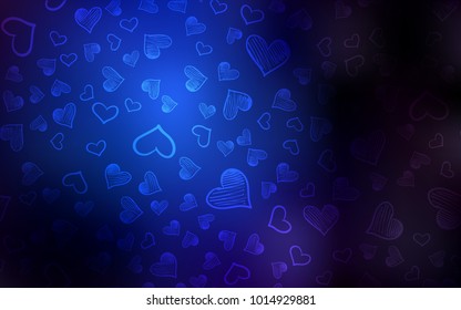 Dark BLUE vector background with hearts. Blurred decorative design in doodle style with hearts. Pattern can be used for valentine's ad, booklets.