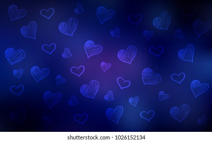Dark BLUE vector background with hearts. Hearts on blurred abstract background with colorful gradient. Beautiful design for your business advert of anniversary.