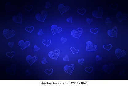 Dark BLUE vector background with hearts. Blurred decorative design in doodle style with hearts. Beautiful design for your business advert of anniversary.