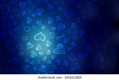 Dark BLUE vector background with hearts. Beautiful colored illustration with hearts in celebration style. Template for Valentine's greeting postcards.