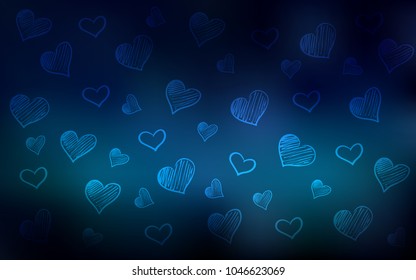 Dark BLUE vector background with hearts. Blurred decorative design in doodle style with hearts. Beautiful design for your business advert of anniversary.