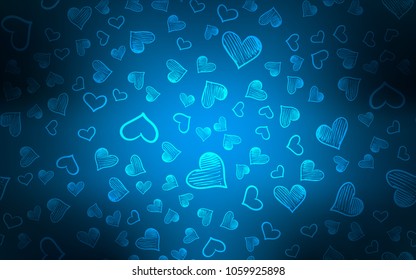 Dark BLUE vector background with hearts. Glitter abstract illustration with colorful hearts in romantic style. Beautiful design for your business advert of anniversary.