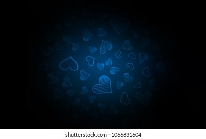 Dark BLUE vector background with hearts. Blurred decorative design in doodle style with hearts. Design for ad, poster, banner of Valentine Day.