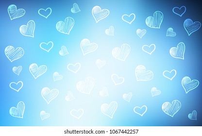 Dark BLUE vector background with hearts. Decorative shining illustration with hearts on abstract template. Design for ad, poster, banner of Valentine Day.