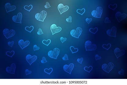 Dark BLUE vector background with hearts. Blurred decorative design in doodle style with hearts. Design for ad, poster, banner of Valentine Day.