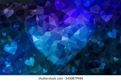 DARK BLUE vector  background with hearts. Glitter abstract illustration with colorful hearts in romantic style. Design for ad, poster, banner of Valentine Day.