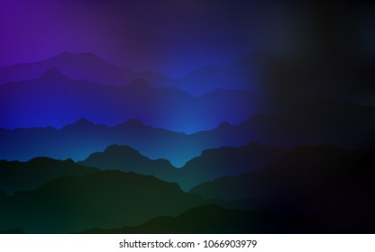 Dark BLUE vector background with lamp shapes. Shining illustration, which consist of blurred lines, circles. Mountain design for your web site.