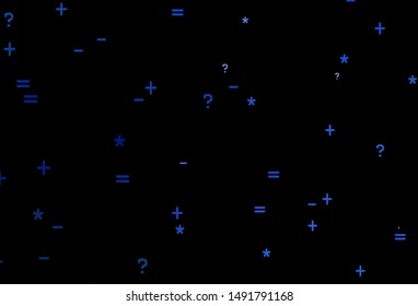 Dark BLUE vector background with math elements. Colored mathematic signs with gradient on white background. Template for landing page of typography.