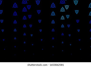 Dark BLUE vector background with occult symbols. Colorful vintage illustration with gradient alchemy shapes. Best design halloween events.