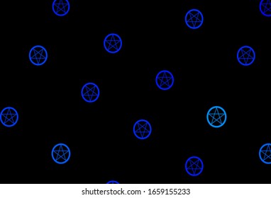 Dark BLUE vector background with occult symbols. Colorful vintage illustration with gradient alchemy shapes. Best design halloween events.