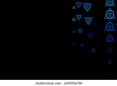 Dark BLUE vector background with occult symbols. Colorful vintage illustration with gradient alchemy shapes. Best design halloween events.