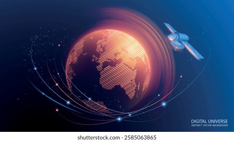 Dark blue vector background. Planet Earth. Abstract technological rings in the orbit of the planet. Global communication system and communication satellites. Religious image. The effect of movement.