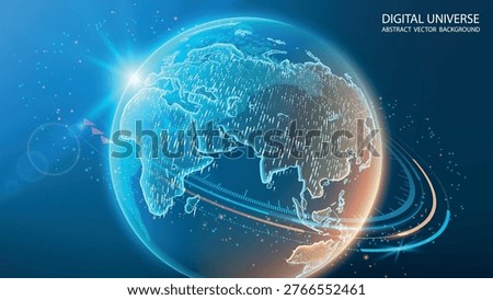 Dark blue vector background. Planet Earth. Abstract technological rings in the orbit of the planet. Global communication system and communication satellites. Religious image. The effect of movement.