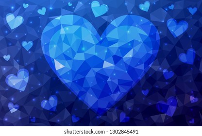 DARK BLUE vector  background with Shining hearts. Glitter abstract illustration with colorful hearts in romantic style. Template for Valentine's greeting postcards.