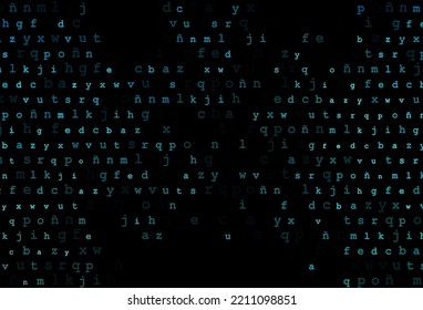 Fondo vector azul oscuro con signos de alfabeto. Brillante ilustración colorida con letras aisladas. El patrón se puede usar como anuncios, afiches, pancartas para libros.