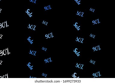 Fondo vectorial azul oscuro con símbolos de 30, 50, 90 % de ventas. Palabras de ventas coloreadas con degradado sobre fondo blanco. Fondo para mega promociones, descuentos.