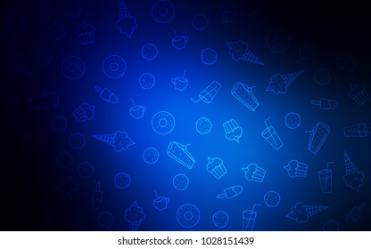 Dark BLUE vector background with tasty sweets. Blurred decorative design of desserts in doodle style. Design for ad, poster, banner of cafes or restaurants.