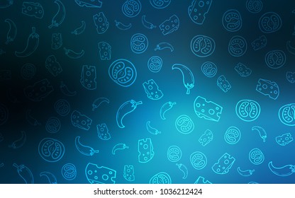Dark BLUE vector background with tasty food. Fast Food on blurred abstract background with colorful gradient. Pattern for ads of breakfast, lunch, dinner.