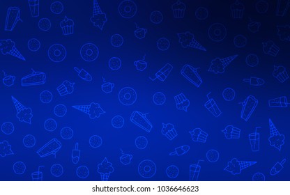 Dark BLUE vector background with tasty sweets. Glitter abstract sketch with sweets, candies, desserts. Doodle design for your business advert of cafes.
