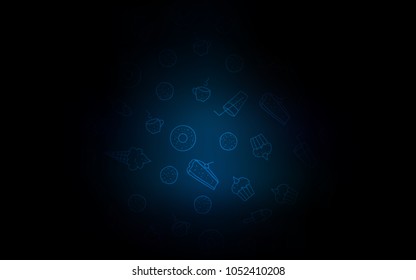 Dark BLUE vector background with tasty sweets. Illustration with set of sweet food in doodle style. Doodle design for your business advert of cafes.