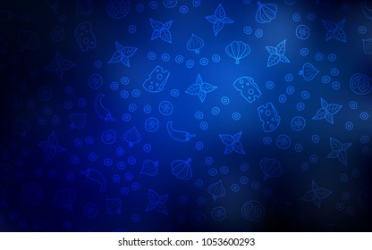 Dark BLUE vector background with tasty food. Blurred decorative design of snacks in doodle style. Doodle design for your business advert of cafes.