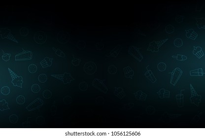 Dark BLUE vector background with tasty sweets. Confections on blurred abstract background with colorful gradient. Template of children's food in cafe.