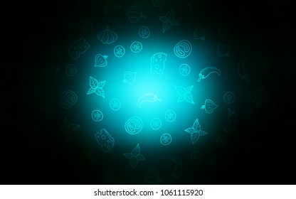 Dark BLUE vector background with tasty food. Glitter abstract sketch with gourmet food. Doodle design for your business advert of cafes.