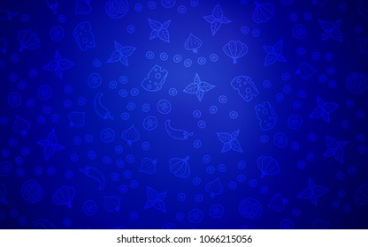 Dark BLUE vector background with tasty food. Blurred decorative design of snacks in doodle style. Doodle design for your business advert of cafes.