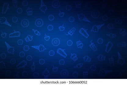 Dark BLUE vector background with tasty sweets. Decorative shining illustration with sweets on abstract template. Design for ad, poster, banner of cafes or restaurants.