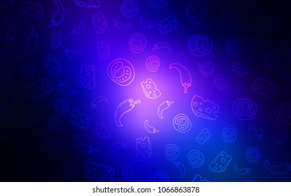 Dark BLUE vector background with tasty food. Blurred decorative design of snacks in doodle style. Pattern for ads of breakfast, lunch, dinner.