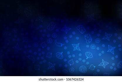 Dark BLUE vector background with tasty food. Blurred decorative design of snacks in doodle style. Pattern for menu of cafes, bars, restaurants.