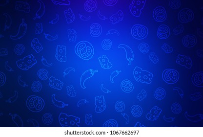 Dark BLUE vector background with tasty food. Blurred decorative design of snacks in doodle style. Doodle design for your business advert of cafes.